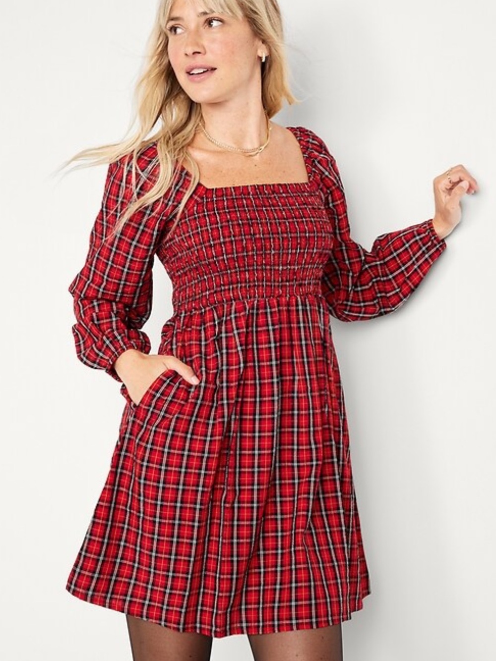 Old Navy Tartan Plaid Dress XL Smocked Fit & Flare Empire Waist Preppy Holiday